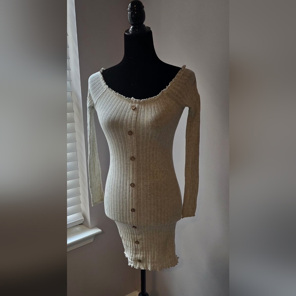 Fashion Nova Cream Ribbed Knit Dress